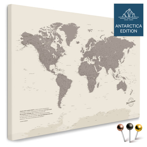 Weltkarte mit Antarktis in Warmgray (Braun-Grau) als Pinnwand Leinwand kaufen