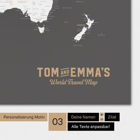 Weltkarte in Farbe Dunkelgrau mit einem Vintage-Logo als moderne Personalisierung