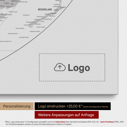 Weltkarte in der Equal-Earth-Projektion als Pinn-Leinwand in Coolgray, auf die ein Firmenlogo eingedruckt werden kann