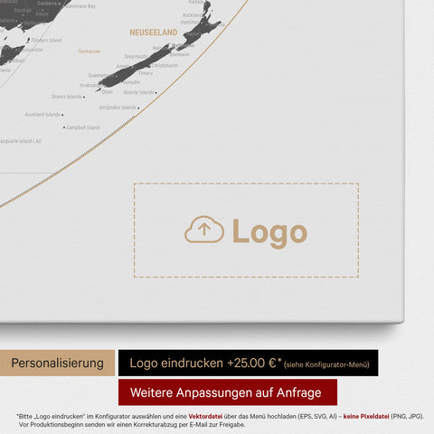 Weltkarte in der Equal-Earth-Projektion als Pinn-Leinwand in Light Gray, auf die ein Firmenlogo eingedruckt werden kann