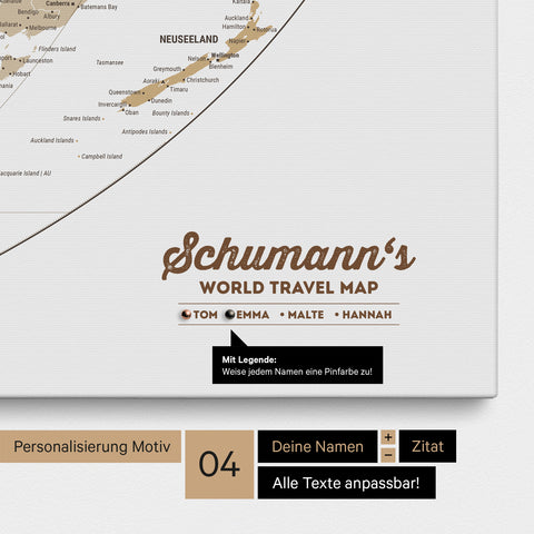 Leinwand einer Weltkarte in der Equal-Earth-Projektion in Multicolor Beige mit Personalisierung als Logo mit Familiennamen und Legende