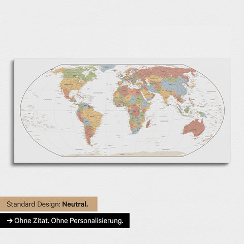 Neutrale und schlichte Ausführung einer Weltkarte in der Equal-Earth-Projektion als Pinn-Leinwand in Multicolor Sienna ohne Personalisierung
