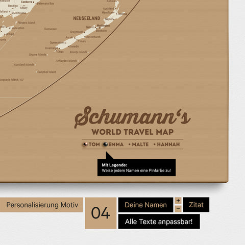 Leinwand einer Weltkarte in der Equal-Earth-Projektion in Treasure Gold mit Personalisierung als Logo mit Familiennamen und Legende