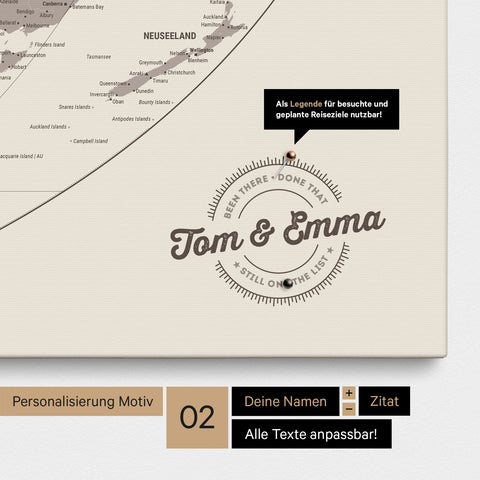 Personalisierte Weltkarte in der Equal-Earth-Projektion als Pinnwand Leinwand in Warmgray (Braun-Grau) mit eingedruckten Namen und einer Legende zur Markierung von besuchten Orten