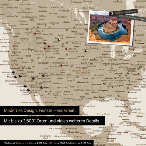 Detailreiche Weltkarte als Pinnwand in Desert Sand (Beige) zur Markierung von bis zu 2.600 Reisezielen in den USA, Kanada und Mexiko, Ideal für die visuelle Darstellung vergangener Reisen und zukünftiger Reisepläne