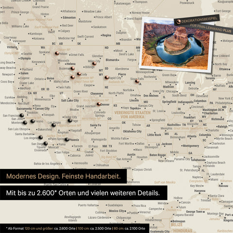 Detailreiche Weltkarte als Pinnwand in Gold zur Markierung von bis zu 2.600 Reisezielen in den USA, Kanada und Mexiko, Ideal für die visuelle Darstellung vergangener Reisen und zukünftiger Reisepläne