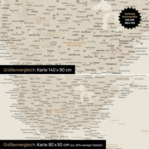 Größenvergleich einer Weltkarte Leinwand in den Formaten 140 x 90 cm und 80 x 50 cm