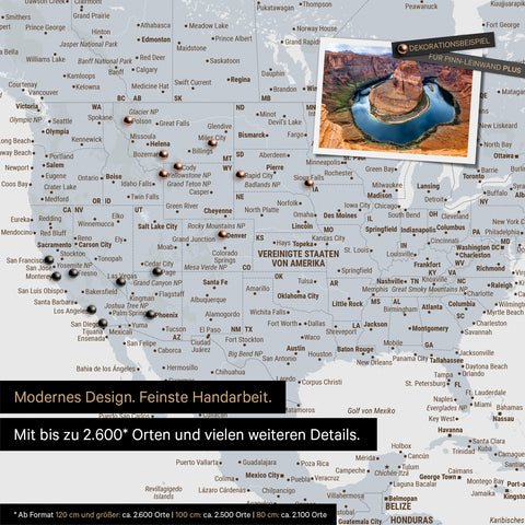 Detailreiche Weltkarte als Pinnwand in Multicolor Light zur Markierung von bis zu 2.600 Reisezielen in den USA, Kanada und Mexiko, Ideal für die visuelle Darstellung vergangener Reisen und zukünftiger Reisepläne