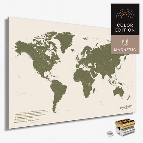 Magnetische Weltkarte in Oliv-Grün als Magnetboard zum Pinnen und Markieren von Reisezielen kaufen