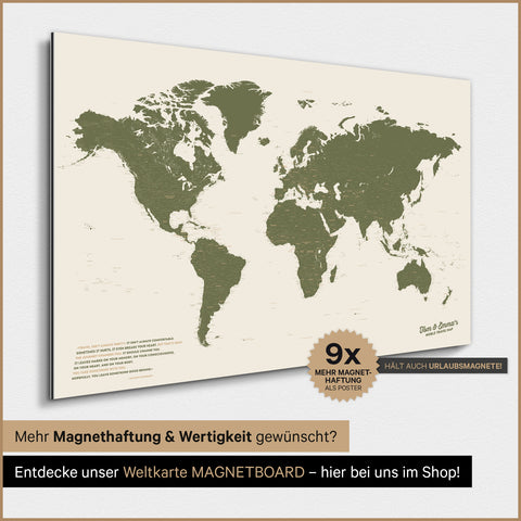 Verdenskort TRAVEL® Magnetisk plakat – Olivengrøn