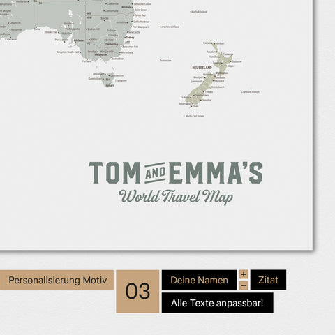 Weltkarte in Farbe Multicolor Sage mit einem Vintage-Logo als moderne Personalisierung