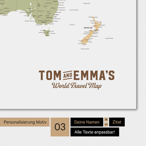Weltkarte in Farbe Multicolor Sienna mit einem Vintage-Logo als moderne Personalisierung