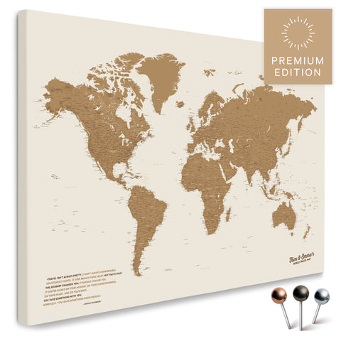 Hochwertige Weltkarte in Bronze als PinnLeinwand, perfekt zum Markieren und Planen von Reisen, kaufen
