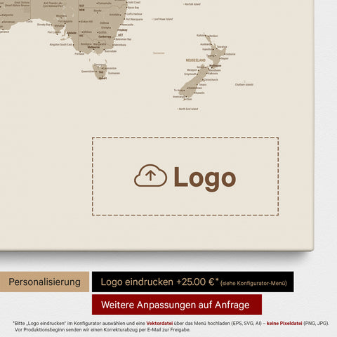 Weltkarte als Pinn-Leinwand in Desert Sand (Beige), auf die ein Firmenlogo eingedruckt werden kann und weitere Individualisierungen als Sonderanfertigung vorgenommen werden können