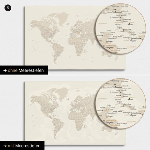 Weltkarte in Gold mit zweidimensionalen Meerestiefen