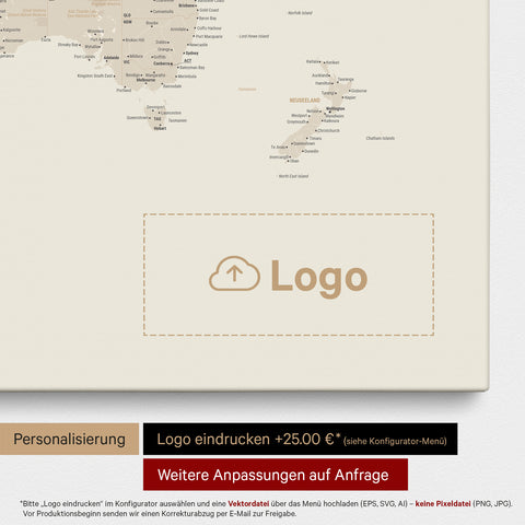 Weltkarte als Pinn-Leinwand in Gold, auf die ein Firmenlogo eingedruckt werden kann und weitere Individualisierungen als Sonderanfertigung vorgenommen werden können