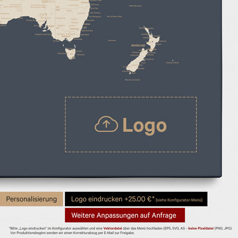 Weltkarte als Pinn-Leinwand in Hale Navy (Dunkelblau Gold), auf die ein Firmenlogo eingedruckt werden kann und weitere Individualisierungen als Sonderanfertigung vorgenommen werden können