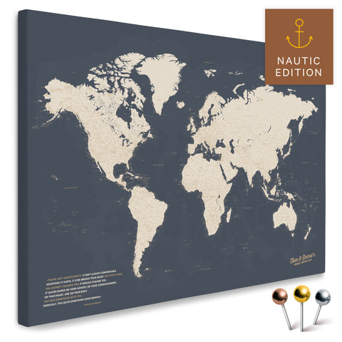 Hochwertige Weltkarte in Hale Navy (Dunkelblau Gold) als PinnLeinwand, perfekt zum Markieren und Planen von Reisen, kaufen