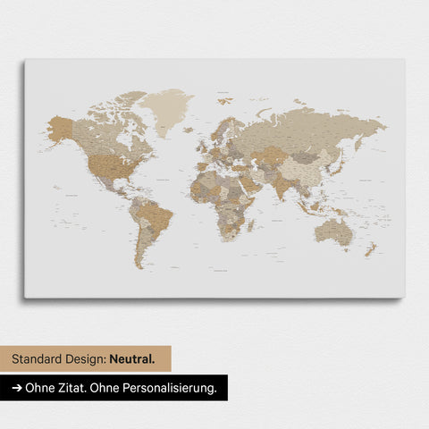 Neutrale und schlichte Ausführung einer Weltkarte als Pinn-Leinwand in Multicolor Beige ohne Personalisierung