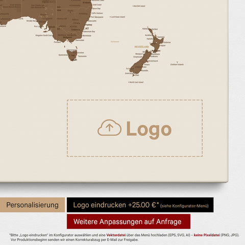 Weltkarte als Pinn-Leinwand in Multicolor Brown, auf die ein Firmenlogo eingedruckt werden kann und weitere Individualisierungen als Sonderanfertigung vorgenommen werden können