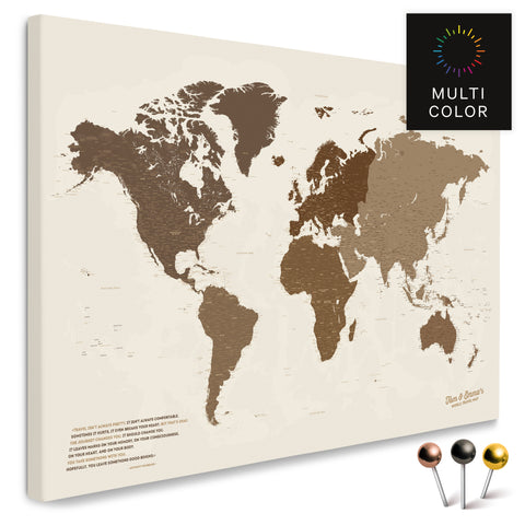 Hochwertige Weltkarte in Multicolor Brown als PinnLeinwand, perfekt zum Markieren und Planen von Reisen, kaufen