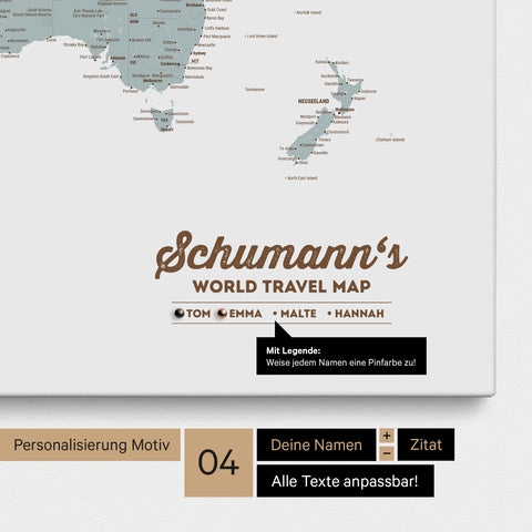 Pinnwand Leinwand einer Weltkarte in Multicolor Light mit Personalisierung als Logo mit Familiennamen und Legende