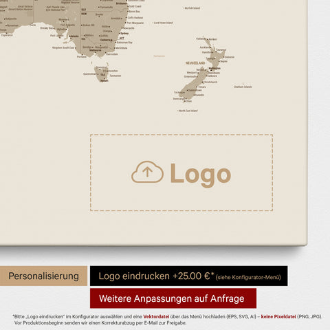 Weltkarte als Pinn-Leinwand in Multicolor Matt, auf die ein Firmenlogo eingedruckt werden kann und weitere Individualisierungen als Sonderanfertigung vorgenommen werden können