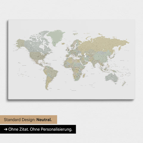 Neutrale und schlichte Ausführung einer Weltkarte als Pinn-Leinwand in Multicolor Sage ohne Personalisierung