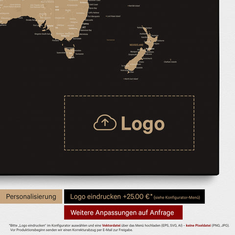 Weltkarte als Pinn-Leinwand in Sonar Black (Schwarz-Gold), auf die ein Firmenlogo eingedruckt werden kann und weitere Individualisierungen als Sonderanfertigung vorgenommen werden können