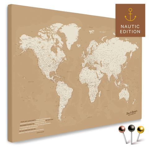 Hochwertige Weltkarte in Treasure Gold als PinnLeinwand, perfekt zum Markieren und Planen von Reisen, kaufen