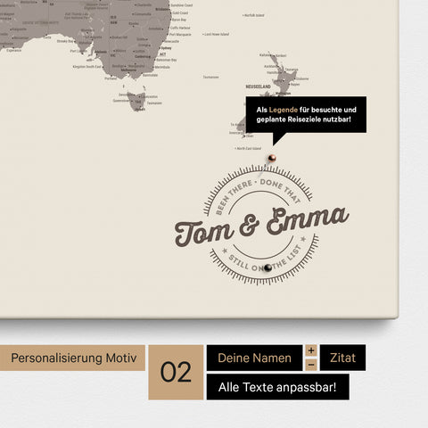 Personalisierte Weltkarte als Pinnwand Leinwand in Warmgray (Braun-Grau) mit eingedruckten Namen und einer Legende zur Markierung von besuchten Orten