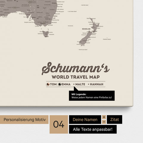 Pinnwand Leinwand einer Weltkarte in Warmgray (Braun-Grau) mit Personalisierung als Logo mit Familiennamen und Legende