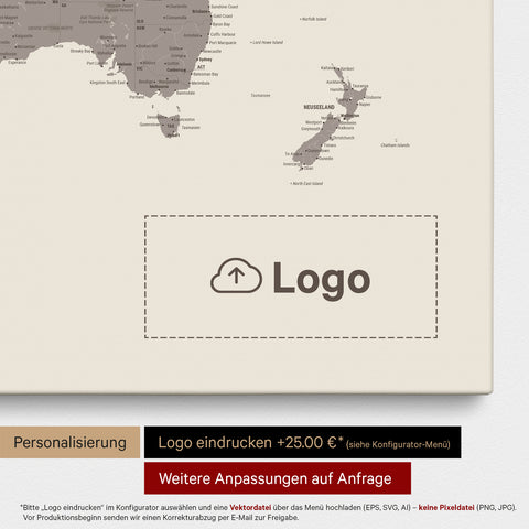 Weltkarte als Pinn-Leinwand in Warmgray (Braun-Grau), auf die ein Firmenlogo eingedruckt werden kann und weitere Individualisierungen als Sonderanfertigung vorgenommen werden können
