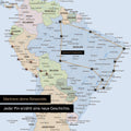 Detail einer politischen Weltkarte als Pinn-Leinwand in Multicolor Atlas mit Pins, die eine abgesteckte Reiseroute in Südamerika durch die Länder Brasilien, Peru und Ecuador zeigt