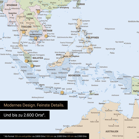 Ausschnitt einer magnetischen Weltkarte in Multicolor Atlas zeigt Karte von Asien, auf der Magnete Reiseziele markieren