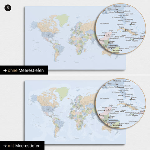 Politische Weltkarte in Multicolor Atlas mit zweidimensionalen Meerestiefen